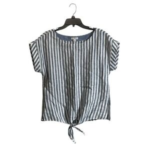 LL Bean Signature Small 100% Linen Top Tie Front Blue Stiped Coastal Beach